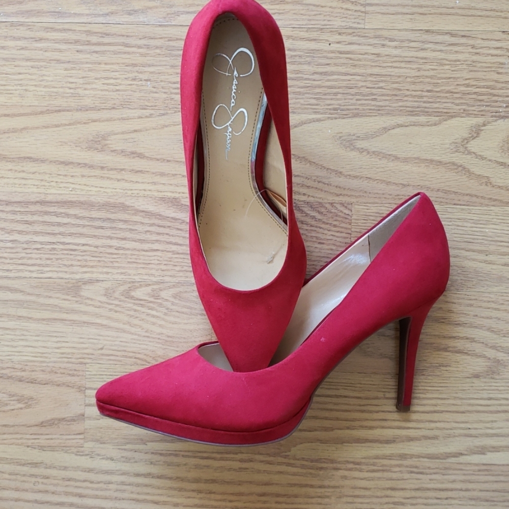 Red suede pumps